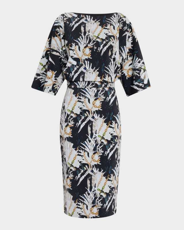 Abstract-Print Blouson Midi Dress